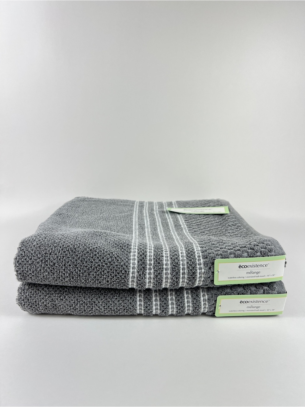 Ecoexistence Oversized Bath Towels Medium Gray White Stripe Soft Cotton 2 Pc NEW